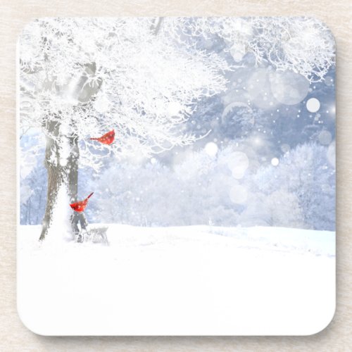 Red Cardinal Birds Christmas snowy Trees Beverage Coaster