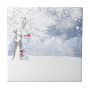 Red Cardinal Birds Christmas snowy Trees Ceramic Tile
