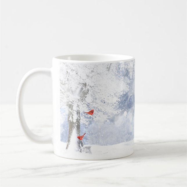 Red Cardinal Birds Christmas snowy Trees Coffee Mug (Left)