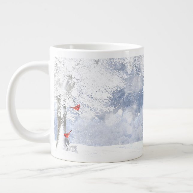 Red Cardinal Birds Christmas snowy Trees Giant Coffee Mug (Left)