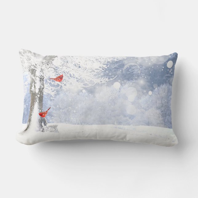 Red Cardinal Birds Christmas snowy Trees Lumbar Pillow (Front)