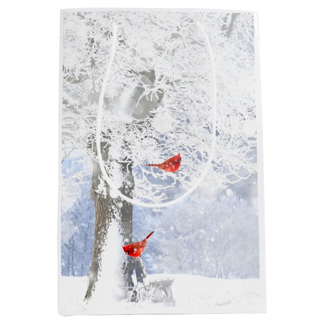Red Cardinal Birds Christmas snowy Trees Medium Gift Bag (Front)