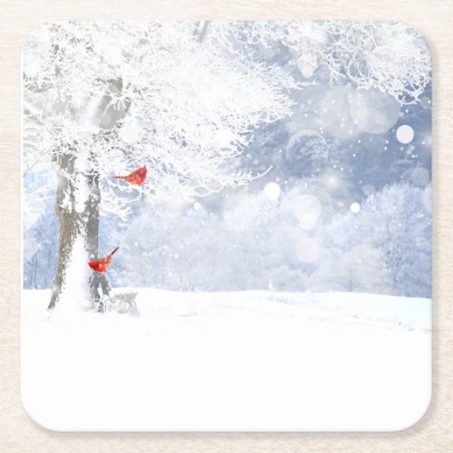 Red Cardinal Birds Christmas snowy Trees Square Paper Coaster