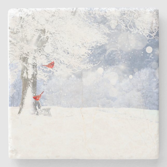 Red Cardinal Birds Christmas snowy Trees Stone Coaster (Front)