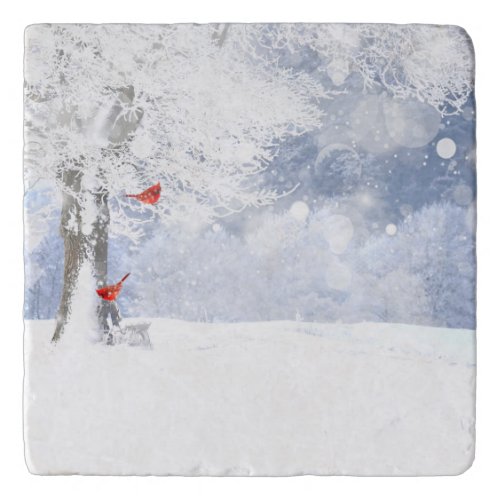 Red Cardinal Birds Christmas snowy Trees Trivet