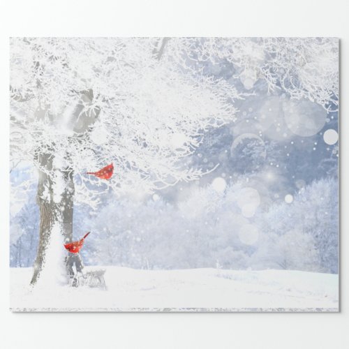 Red Cardinal Birds Christmas snowy Trees Wrapping Paper