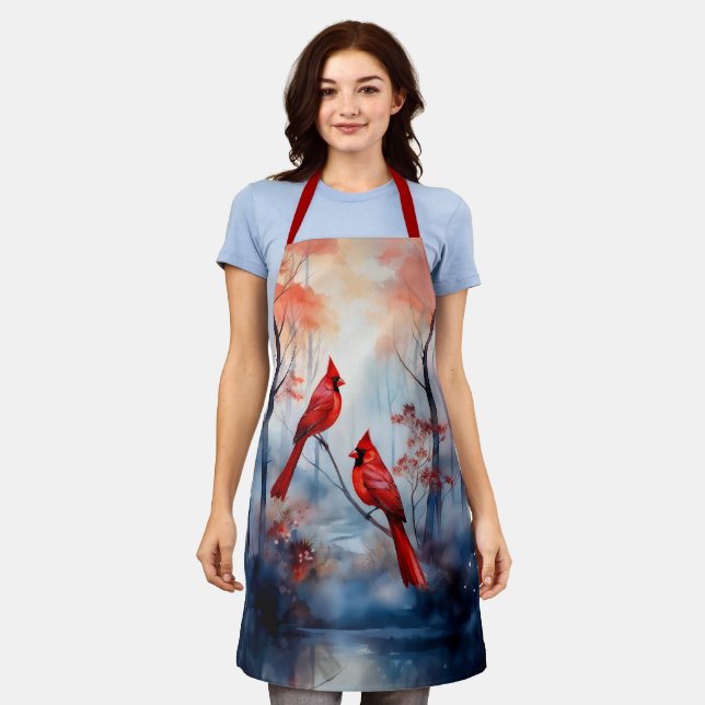 Red Cardinal Birds in a Misty Forest Apron (Worn)