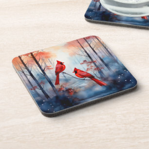 Red Cardinal Birds in a Misty Forest Beverage Coaster