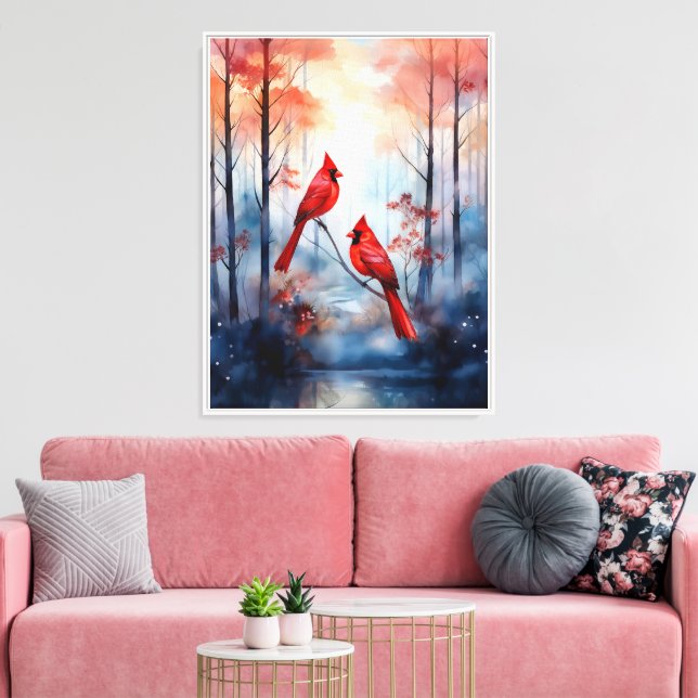 Red Cardinal Birds in a Misty Forest Canvas Print (Insitu(LivingRoom))