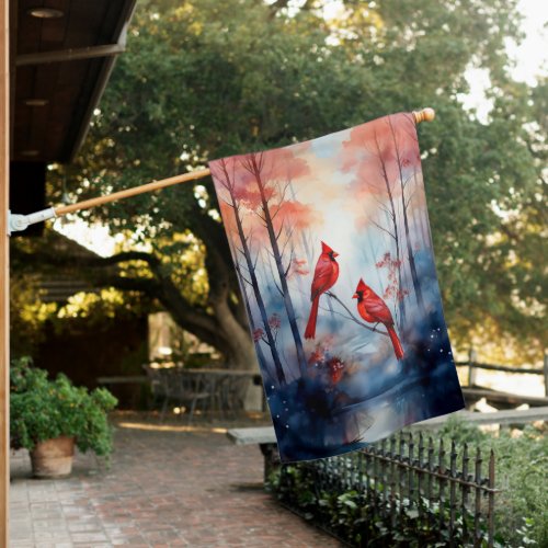 Red Cardinal Birds in a Misty Forest House Flag