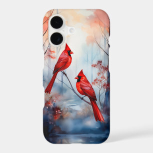 Red Cardinal Birds in a Misty Forest iPhone 17 Case