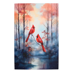 Red Cardinal Birds in a Misty Forest Metal Print