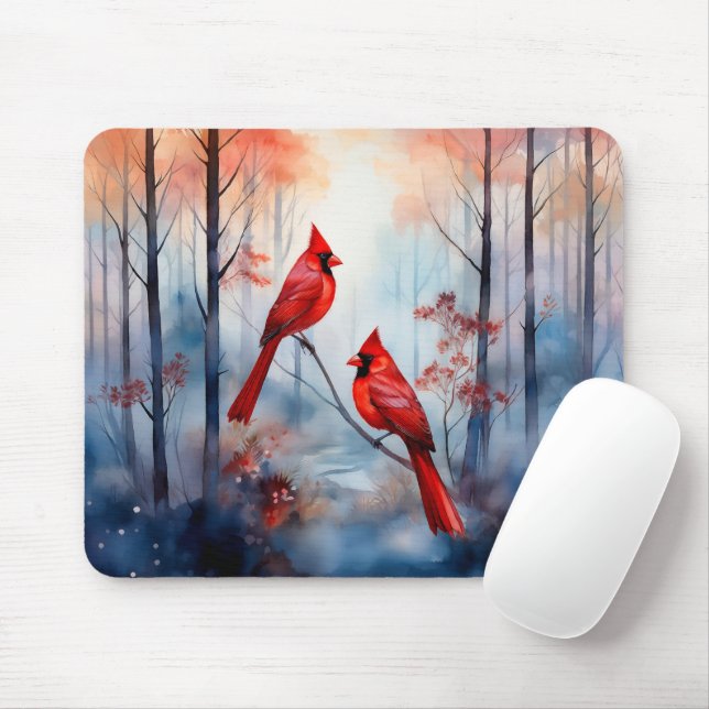 Red Cardinal Birds in a Misty Forest Mouse Pad (With Mouse)