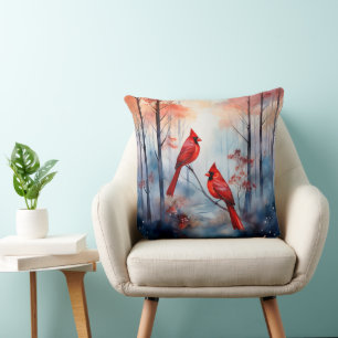 Red Cardinal Birds in a Misty Forest Throw Pillow