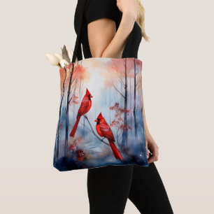 Red Cardinal Birds in a Misty Forest Tote Bag