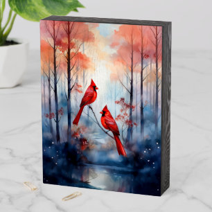 Red Cardinal Birds in a Misty Forest Wooden Box Sign