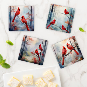 Red Cardinal Birds in an Autumn Forest Coaster Set