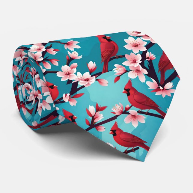 Red Cardinal Birds on Cherry Blossom Branches Neck Tie (Rolled)