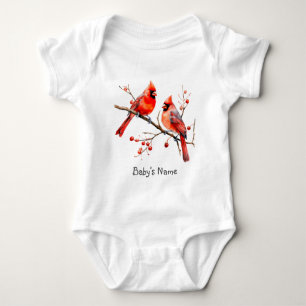 Red Cardinal Birds on Holly Tree Branch Baby Bodysuit