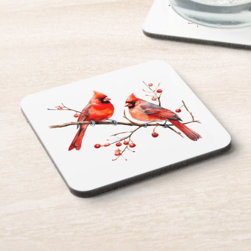 Red Cardinal Birds on Holly Tree Branch Beverage Coaster