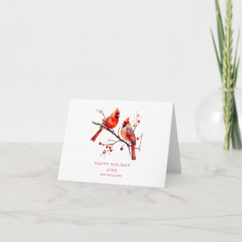 Red Cardinal Birds on Holly Tree Branch Card