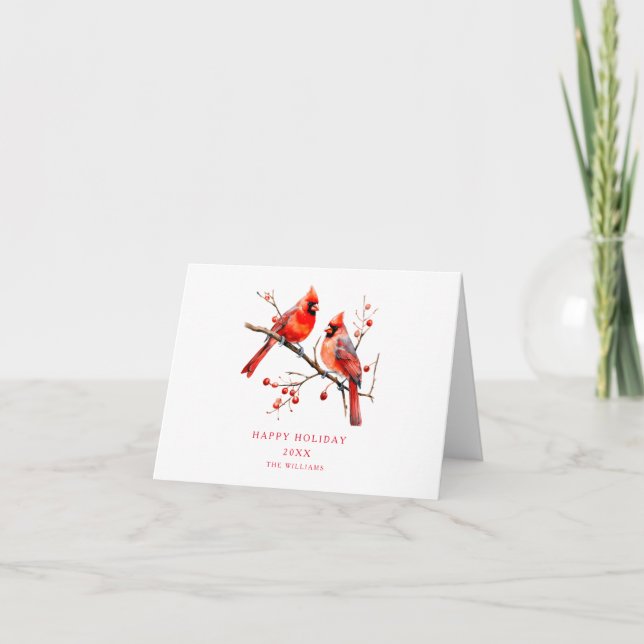 Red Cardinal Birds on Holly Tree Branch Card (Front)