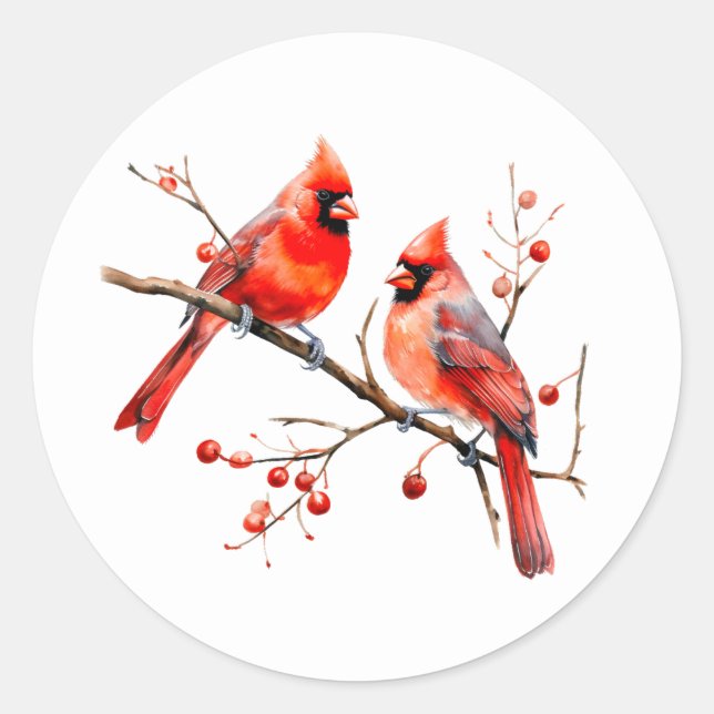Red Cardinal Birds on Holly Tree Branch Classic Round Sticker (Front)
