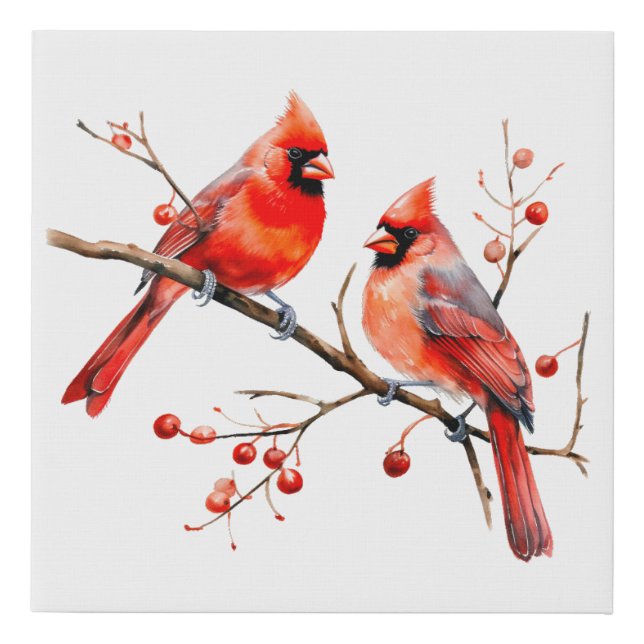 Red Cardinal Birds on Holly Tree Branch Faux Canvas Print (Front)