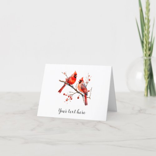 Red Cardinal Birds on Holly Tree Branch Holiday Card