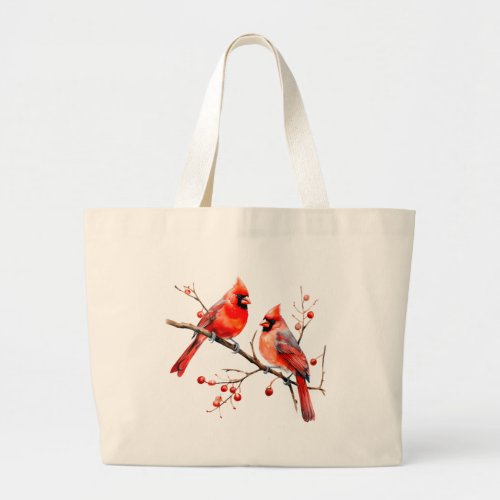 Red Cardinal Birds on Holly Tree Branch Large Tote Bag