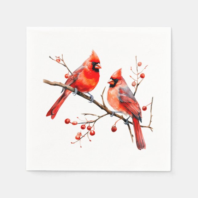 Red Cardinal Birds on Holly Tree Branch Napkins (Front)
