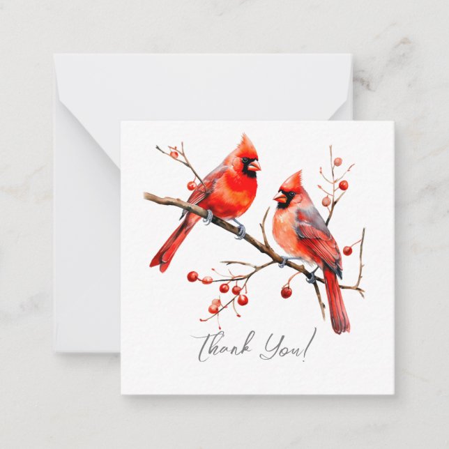 Red Cardinal Birds on Holly Tree Branch Note Card (Front)