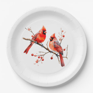 Red Cardinal Birds on Holly Tree Branch Paper Plates