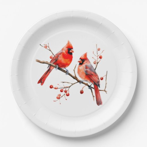 Red Cardinal Birds on Holly Tree Branch Paper Plates