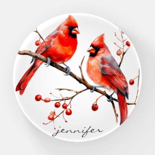 Red Cardinal Birds on Holly Tree Branch Paperweight