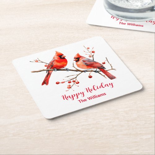 Red Cardinal Birds on Holly Tree Branch Square Paper Coaster