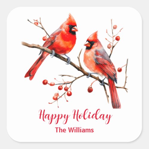 Red Cardinal Birds on Holly Tree Branch Square Sticker