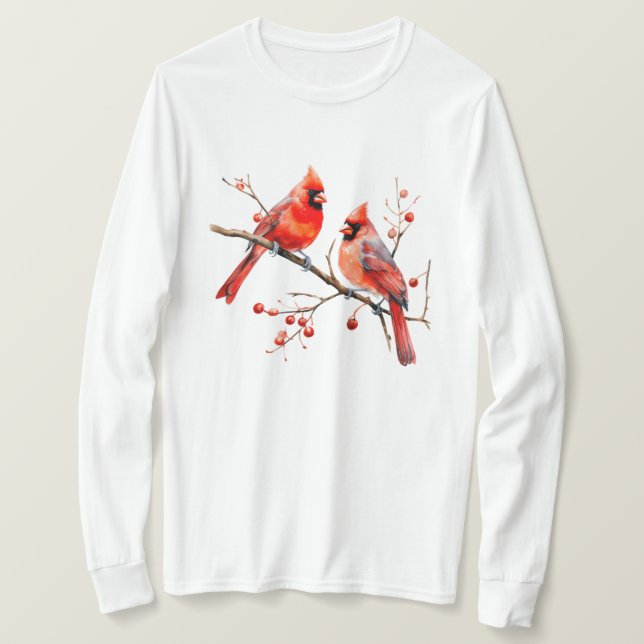 Red Cardinal Birds on Holly Tree Branch T-Shirt (Design Front)