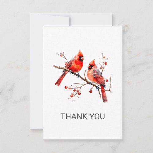 Red Cardinal Birds on Holly Tree Branch Thank You Card