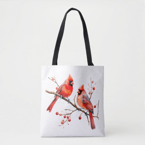 Red Cardinal Birds on Holly Tree Branch Tote Bag