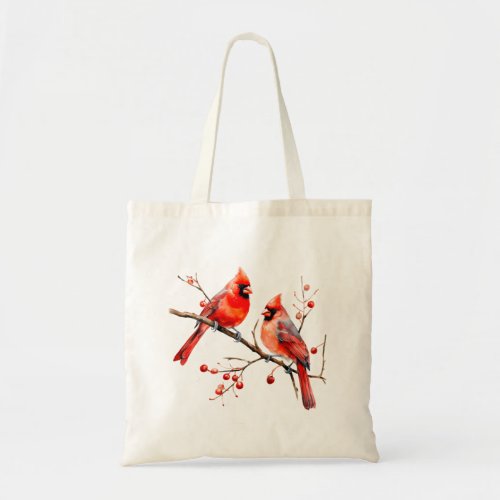 Red Cardinal Birds on Holly Tree Branch Tote Bag