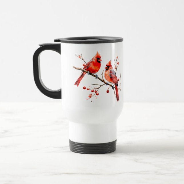 Red Cardinal Birds on Holly Tree Branch Travel Mug (Left)