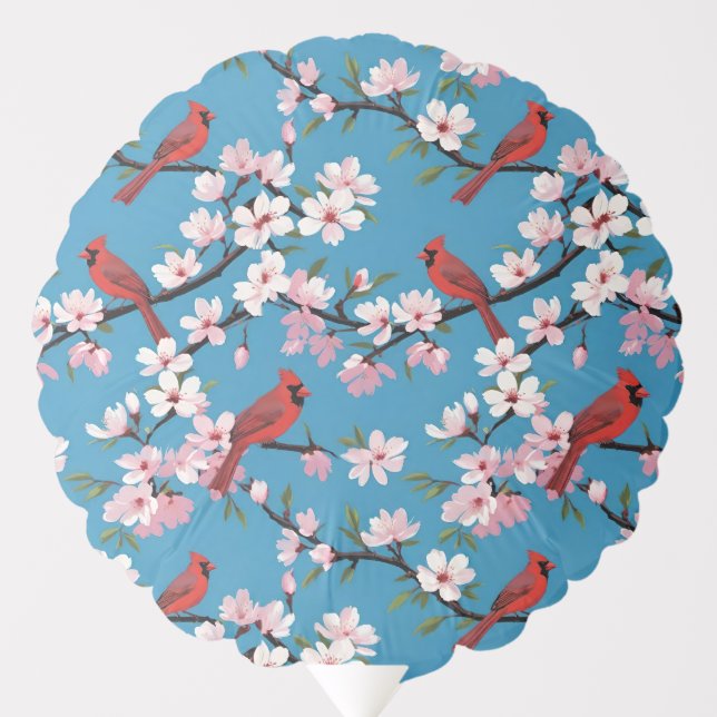 Red Cardinal Birds On Pink Cherry Blossom Branches Balloon (Front)