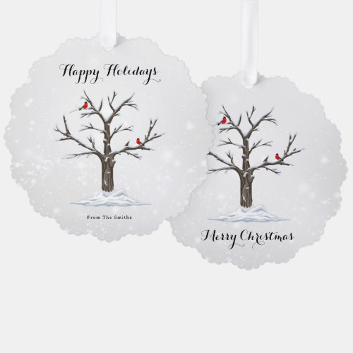 Red Cardinal Birds On Snow Tree Illustrations Ornament Card