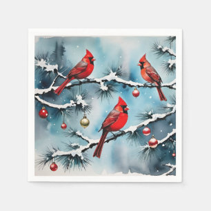 Red Cardinal Birds on Snowy Branches Christmas Napkins