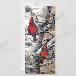 Red Cardinal Birds perched on a birch tree card