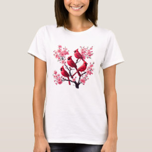 Red Cardinal Birds Pink Cherry Blossom Tree Bird T-Shirt