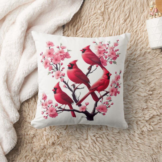 Red Cardinal Birds Pink Cherry Blossom Tree Bird Throw Pillow (Blanket)
