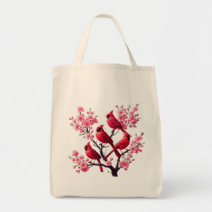 Red Cardinal Birds Pink Cherry Blossom Tree Bird Tote Bag