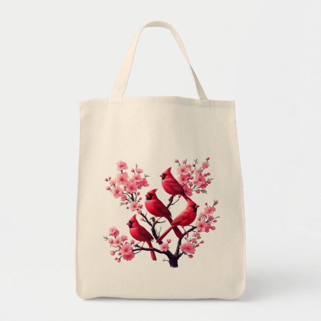 Red Cardinal Birds Pink Cherry Blossom Tree Bird Tote Bag (Front)